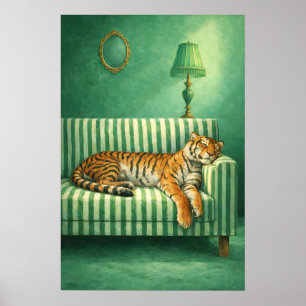 Slaperige Tijger Kunstprint Maximalistische Groene Poster