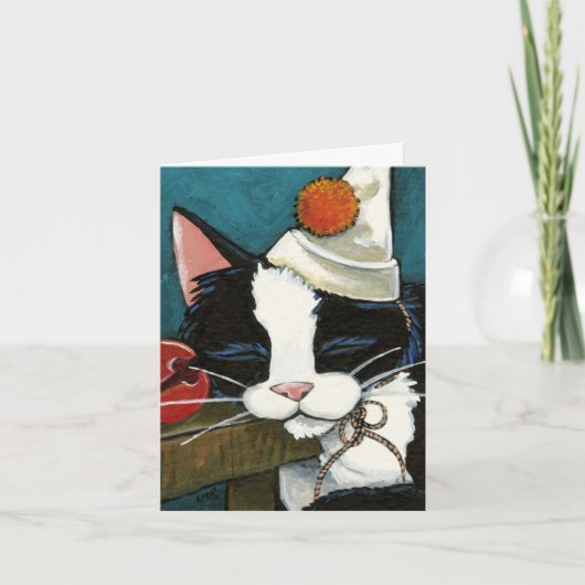Slaperige Tuxedo Cat Cat Cast Note Card Kaart (Voorkant)