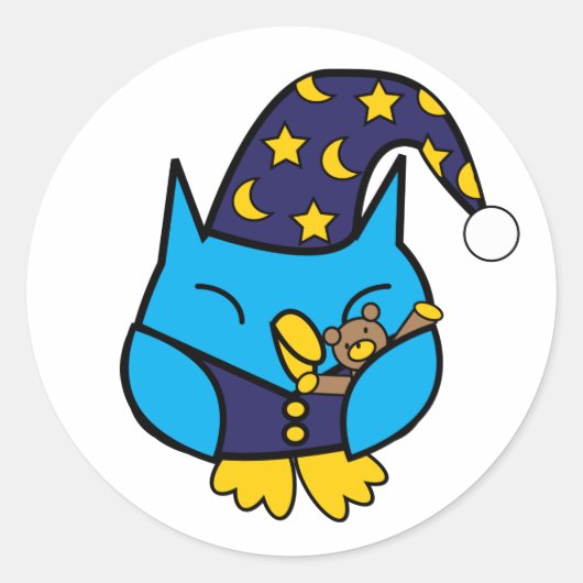Slaperige Uil Teddy Bear Blauw Ronde Sticker (Voorkant)