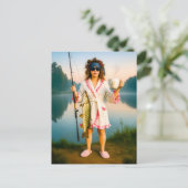 Slaperige vrouw in jurk vangt een grote snoek feestdagenkaart (Staand voorkant)