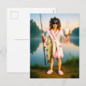 Slaperige vrouw in jurk vangt een grote snoek feestdagenkaart (Voorkant / Achterkant)