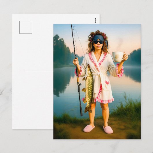 Slaperige vrouw in jurk vangt een grote snoek feestdagenkaart (Voorkant / Achterkant)