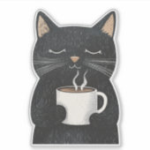 Slaperige zwarte kat met een kopje koffie Boho Sticker (Voorkant)