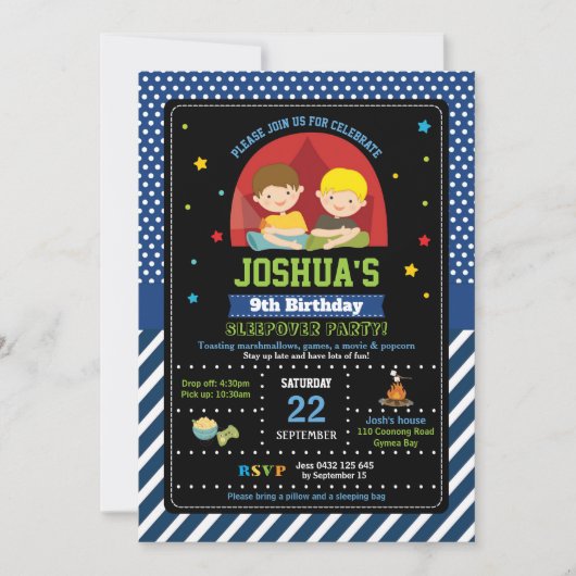 Slappover Party Birthday Invitations Boys Camping Kaart (Voorkant)