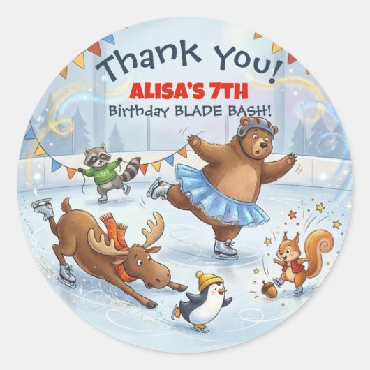 Slapstick Ice Skating Birthday Thank you sticker (Voorkant)