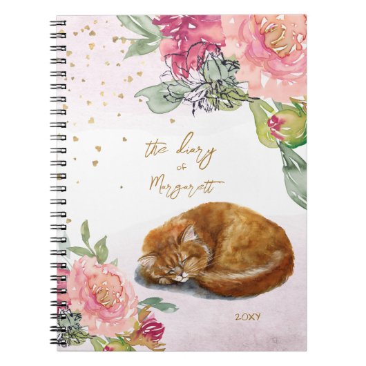 Slapy Cat Illustration Bloemenmeisje Daily Diary Notitieboek (Voorkant)