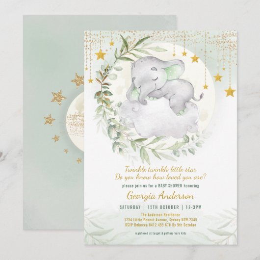 Slapy Elephant Greenery Twinkle Star-Baby shower Kaart (Voorkant / Achterkant)