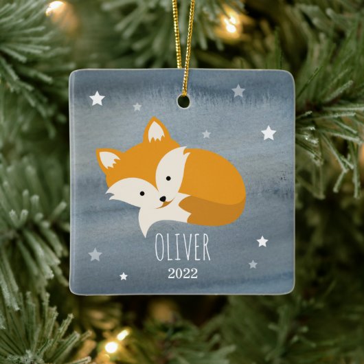 Slapy Fox Stars Baby Cub Eerste Kerstmis Keramisch Ornament (Boom)