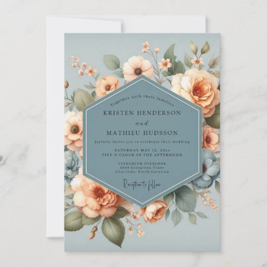 Slate Apricot Bloom Wedding Kaart (Voorkant)