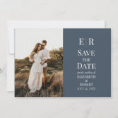 Slate Blau Monogram Aangepaste Foto Save the Date Kaart (Voorkant)