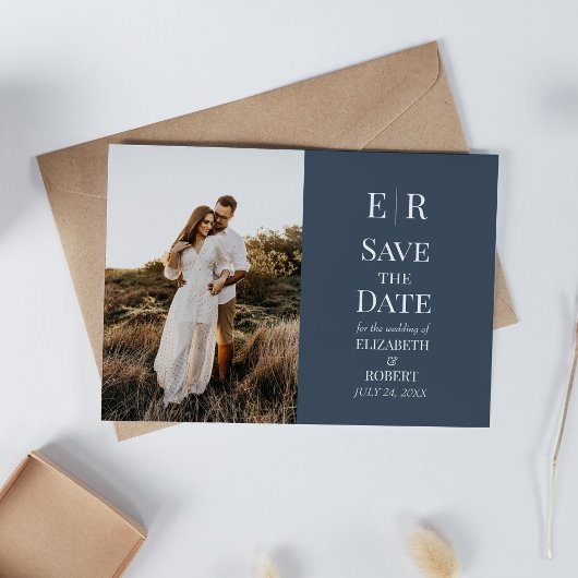 Slate Blau Monogram Aangepaste Foto Save the Date Kaart