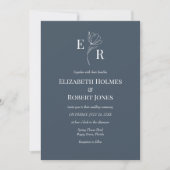 Slate Blauw Bloemen Monogram Custom Foto Bruiloft Kaart (Voorkant)