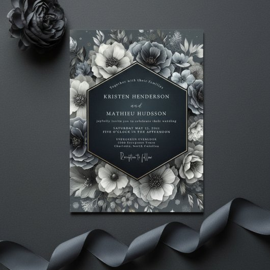 Slate Blauwe Bloemen Bruiloft Kaart