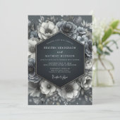 Slate Blauwe Bloemen Bruiloft Kaart (Staand voorkant)
