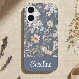 Slate Blauwe Bloemige Persoonlijke iPhone 16 Hoesje
