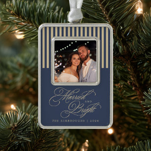 Slate Blauwe Champagne Huwelijksfoto Verzilverd Omlijst Ornament
