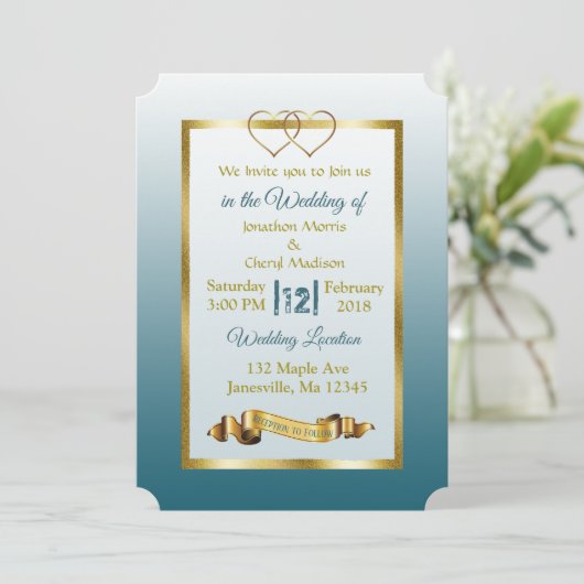 Slate Blue and Gold Hearts Wedding Invitations Kaart (Staand voorkant)