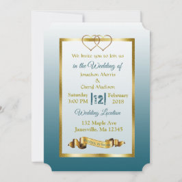 Slate Blue and Gold Hearts Wedding Invitations Kaart