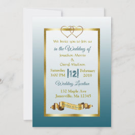 Slate Blue and Gold Hearts Wedding Invitations Kaart