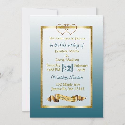 Slate Blue and Gold Hearts Wedding Invitations Kaart (Voorkant)