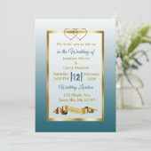 Slate Blue and Gold Hearts Wedding Invitations Kaart (Staand voorkant)