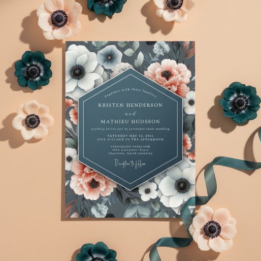 Slate Blue Anemone Bloom Wedding Kaart