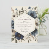 Slate Blue Antique Bloom Wedding Kaart (Staand voorkant)