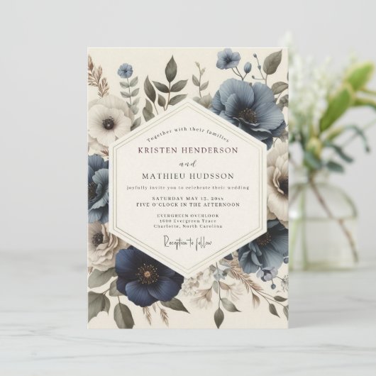 Slate Blue Antique Bloom Wedding Kaart (Staand voorkant)