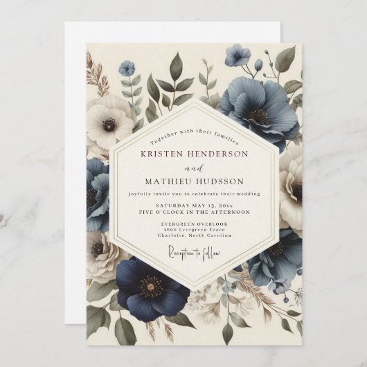 Slate Blue Antique Bloom Wedding Kaart (Voorkant / Achterkant)