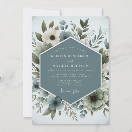 Slate Blue Aqueous Bloom Wedding Kaart (Voorkant)