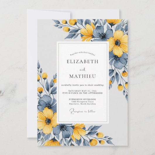 Slate Blue Artistic Botanical Wedding Kaart (Voorkant)