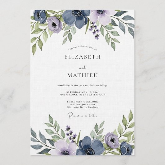 Slate Blue Artistic Floral Wedding Kaart (Voorkant)