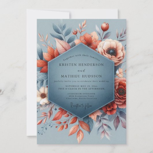 Slate Blue Autumnal Bloom Wedding Kaart (Voorkant)