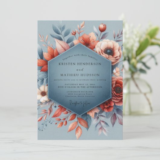 Slate Blue Autumnal Bloom Wedding Kaart (Staand voorkant)