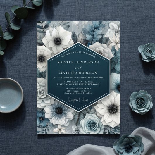 Slate Blue Bloom Nocturne Wedding Kaart