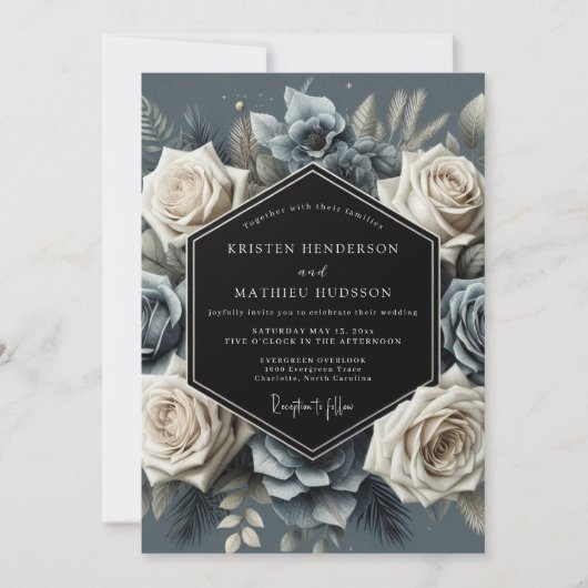 Slate Blue Bloom Opulent Wedding Kaart (Voorkant)