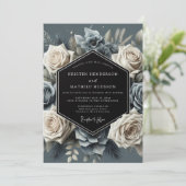 Slate Blue Bloom Opulent Wedding Kaart (Staand voorkant)