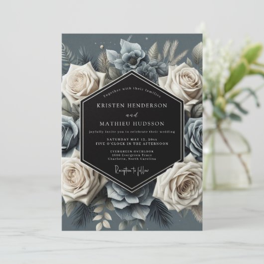 Slate Blue Bloom Opulent Wedding Kaart (Staand voorkant)
