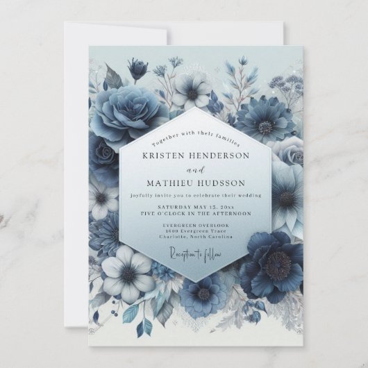 Slate Blue Bloom Romance Wedding Kaart (Voorkant)