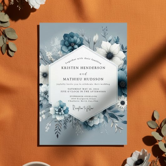 Slate Blue Bloom Romance Wedding Kaart