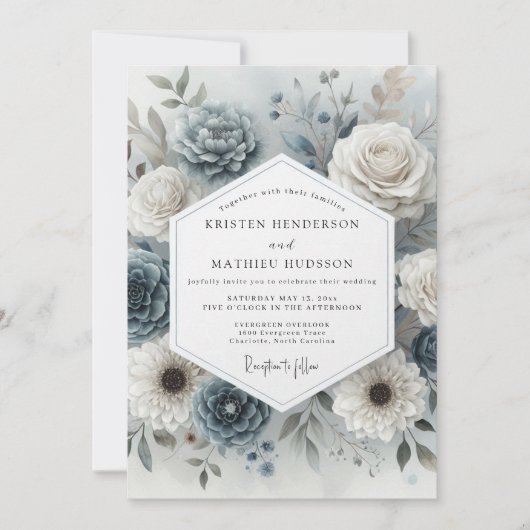 Slate Blue Bloom Romance Wedding Kaart (Voorkant)