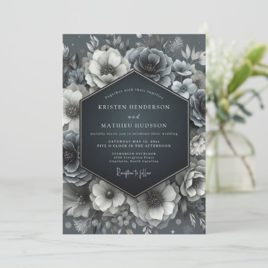 Slate Blue Bloom Wedding Kaart (Staand voorkant)