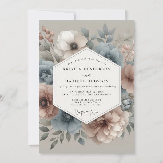 Slate Blue Blush Hazy Bloom Wedding Kaart (Voorkant)