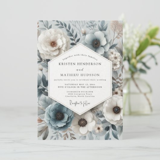 Slate Blue Botanical Bloom Wedding Kaart (Staand voorkant)