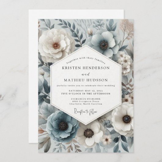 Slate Blue Botanical Bloom Wedding Kaart (Voorkant / Achterkant)