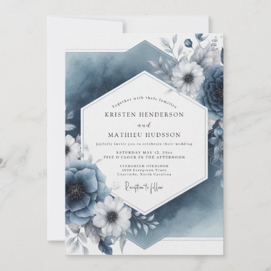 Slate Blue Botanical Elegance Wedding Kaart (Voorkant)