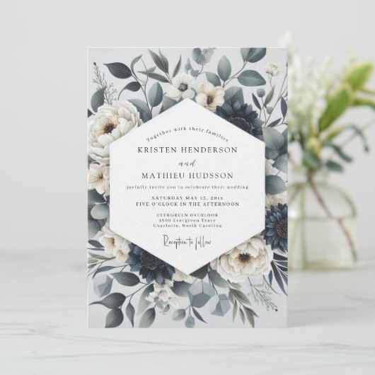 Slate Blue Botanical Ethereal Wedding Kaart (Staand voorkant)
