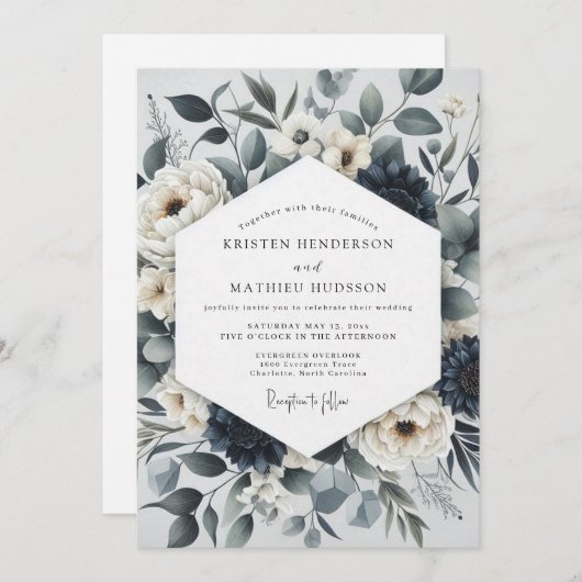 Slate Blue Botanical Ethereal Wedding Kaart (Voorkant / Achterkant)