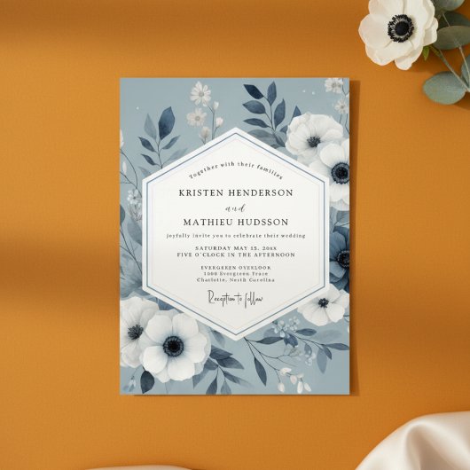 Slate Blue Botanical Romance Wedding Kaart