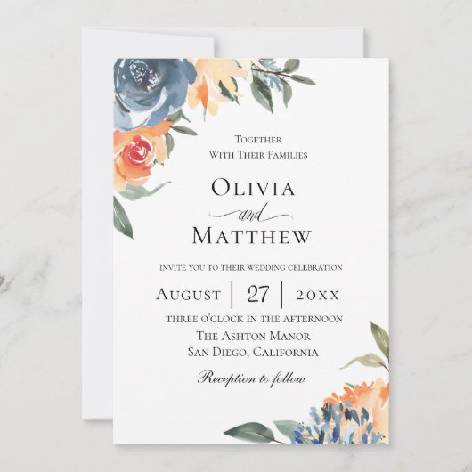 Slate Blue Botanische bruiloft Kaart (Voorkant)